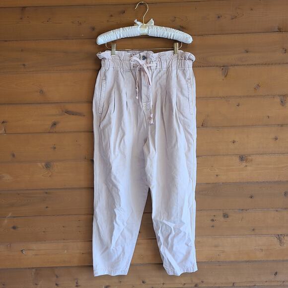Free People Margate Pant Beige Paperbag Pleated Crop Trouser Tie Waist M NWOT - Picture 2 of 5